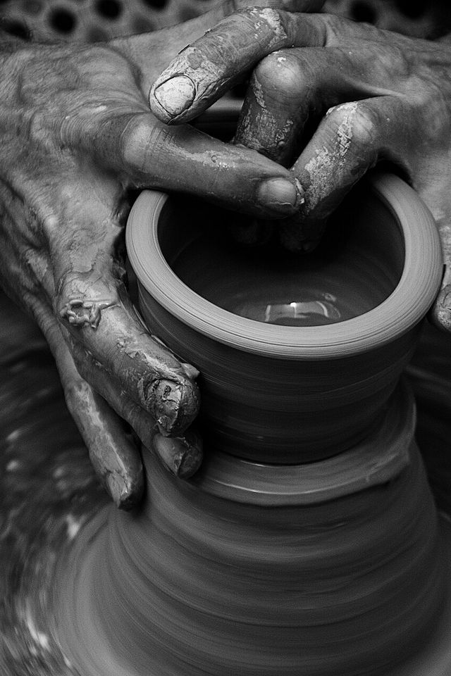 Hands shaping a cup on a pottery wheel, in black and white